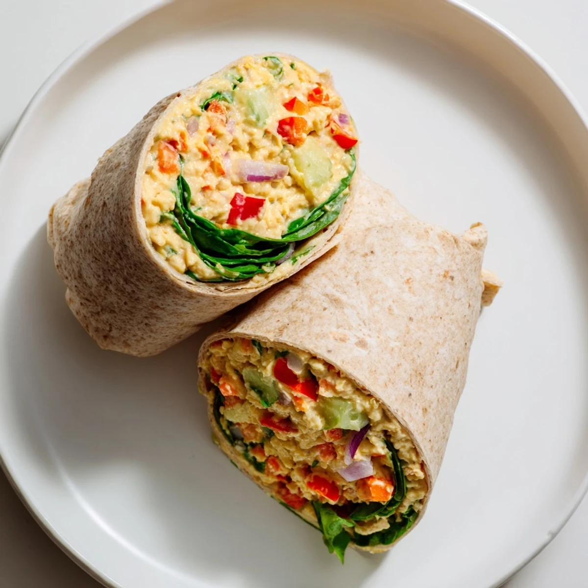 Creamy chickpea salad wraps ready to eat, bursting with fresh veggies and flavorful spices inside.