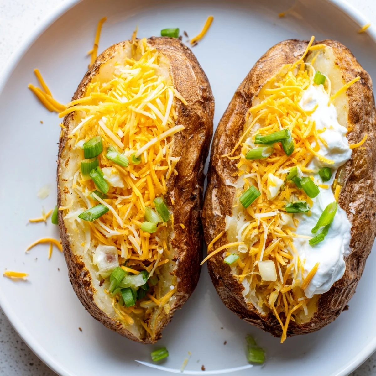 Fluffy baked potato bar with cheddar cheese and green onions, a perfect family-friendly meal.
