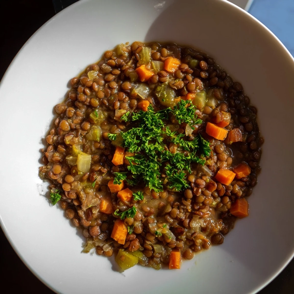 Savory Lentil Soup with carrots and celery, steaming in a bowl with fresh herbs and lemon.