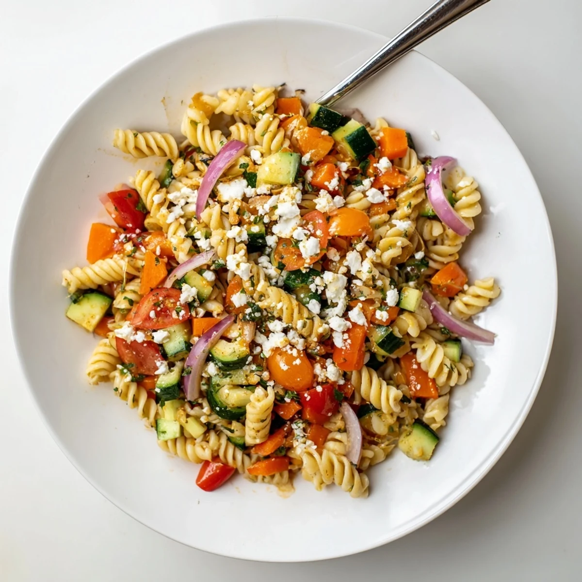 Pasta salad with colorful seasonal veggies, tossed in a bright, zesty simple dressing.