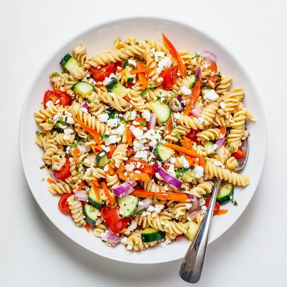 Beautiful bowl of pasta salad features fusilli, chopped veggies, & a drizzle of dressing.