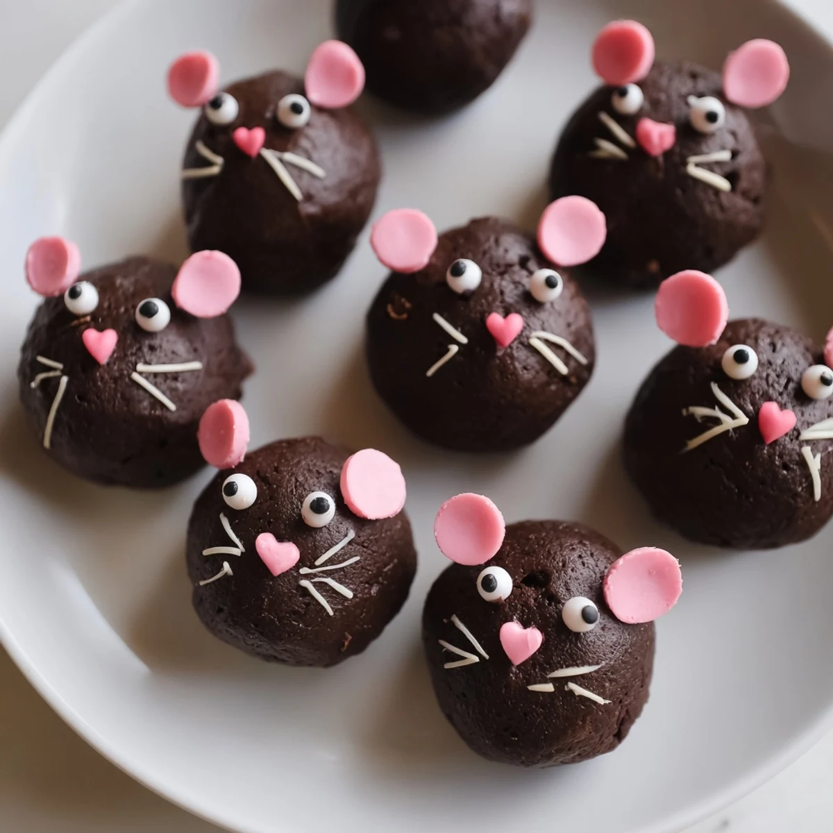 A close-up of playfully decorated Silly Rat Cake Brownie Bites, rich chocolate treats ready to eat.