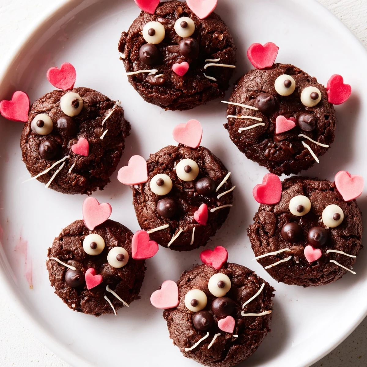 Delicious and whimsical Silly Rat Cake Brownie Bites, with tiny chocolate chip eyes and almond ears.