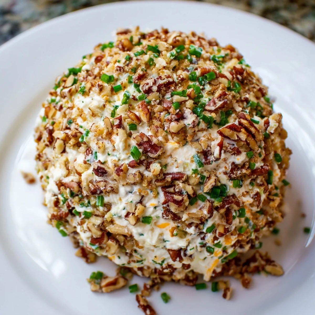 A perfectly round classic cheese ball with ranch, coated in crunchy nuts for a party appetizer.