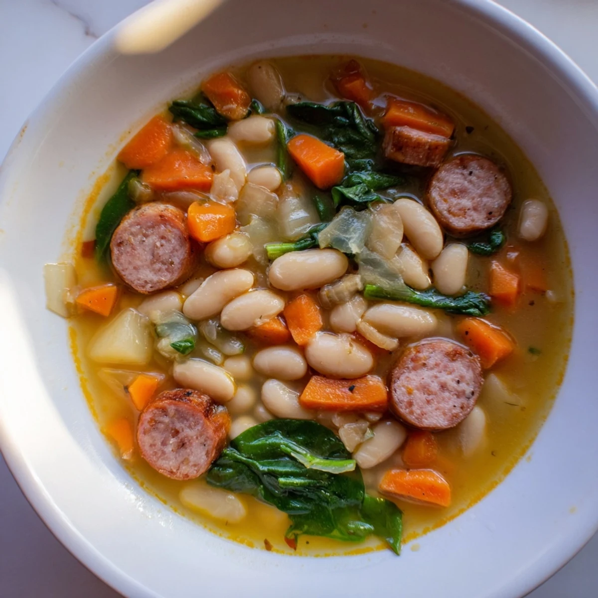 Close-up of a flavorful Simple Sausage and White Bean Soup, perfect for a cold evening.