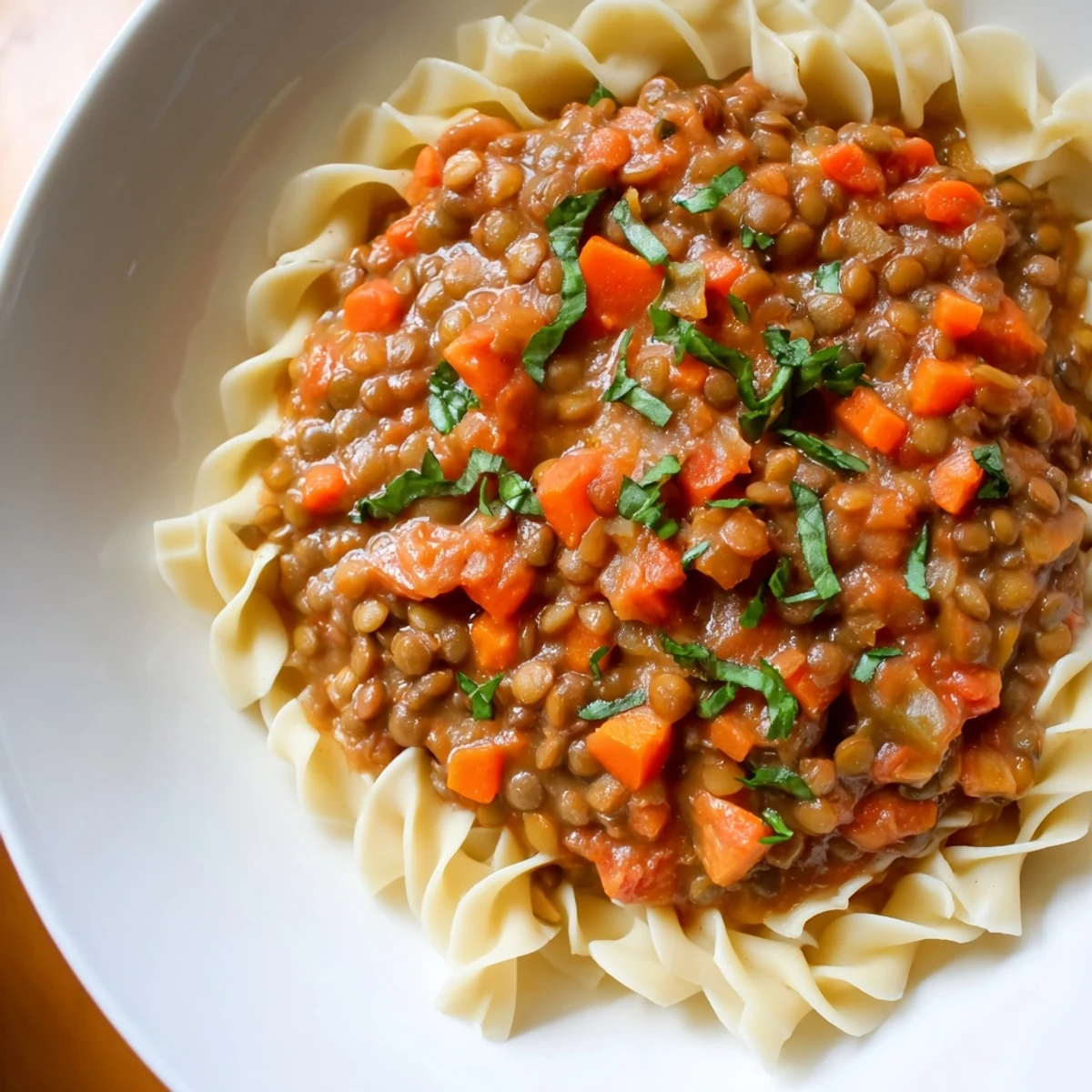 Fresh basil garnish atop creamy Creamy Tomato Basil Lentil Bolognese, ready to be served over pasta.