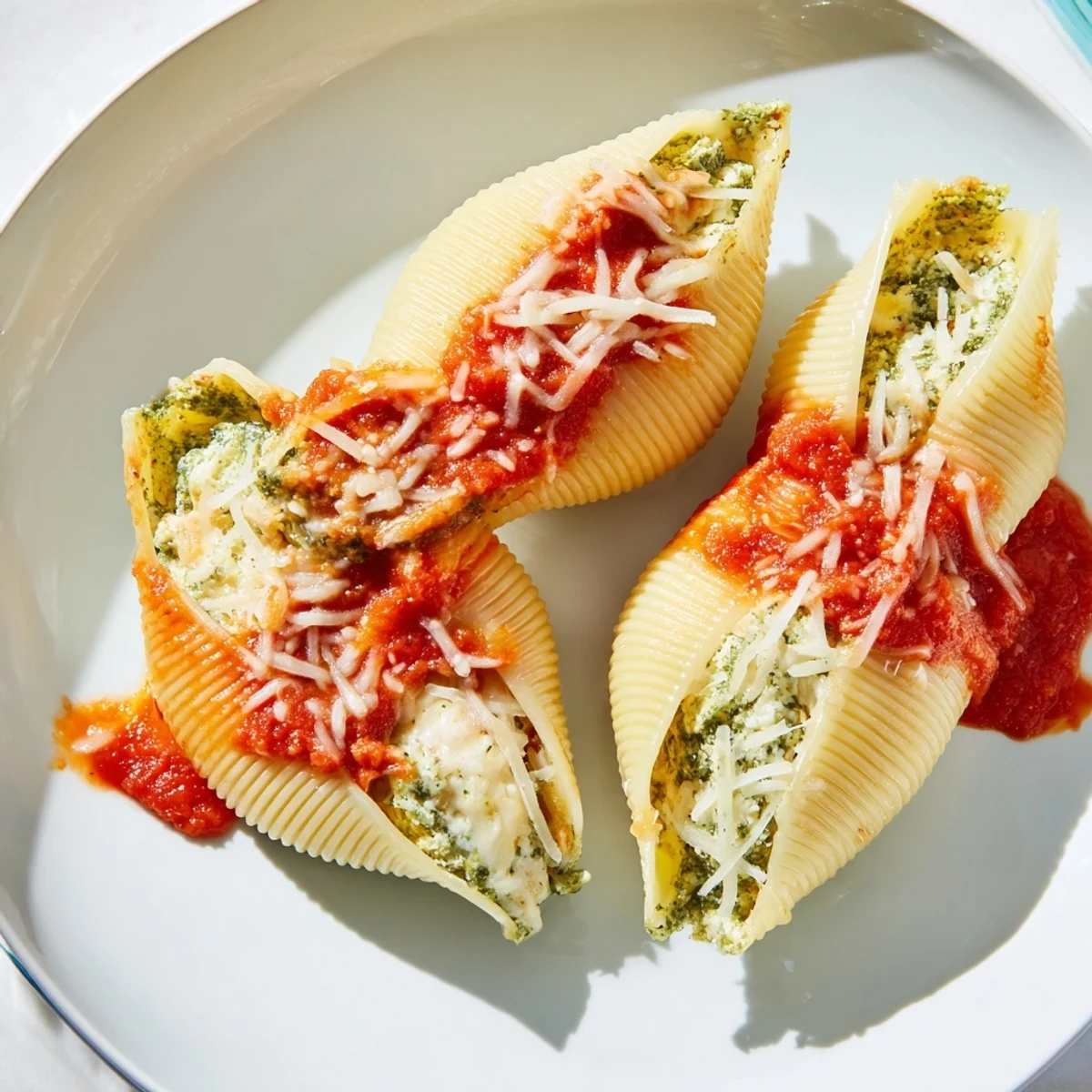 Pesto and ricotta stuffed shells bubbling with melted mozzarella, a classic, comforting Italian-American dinner.