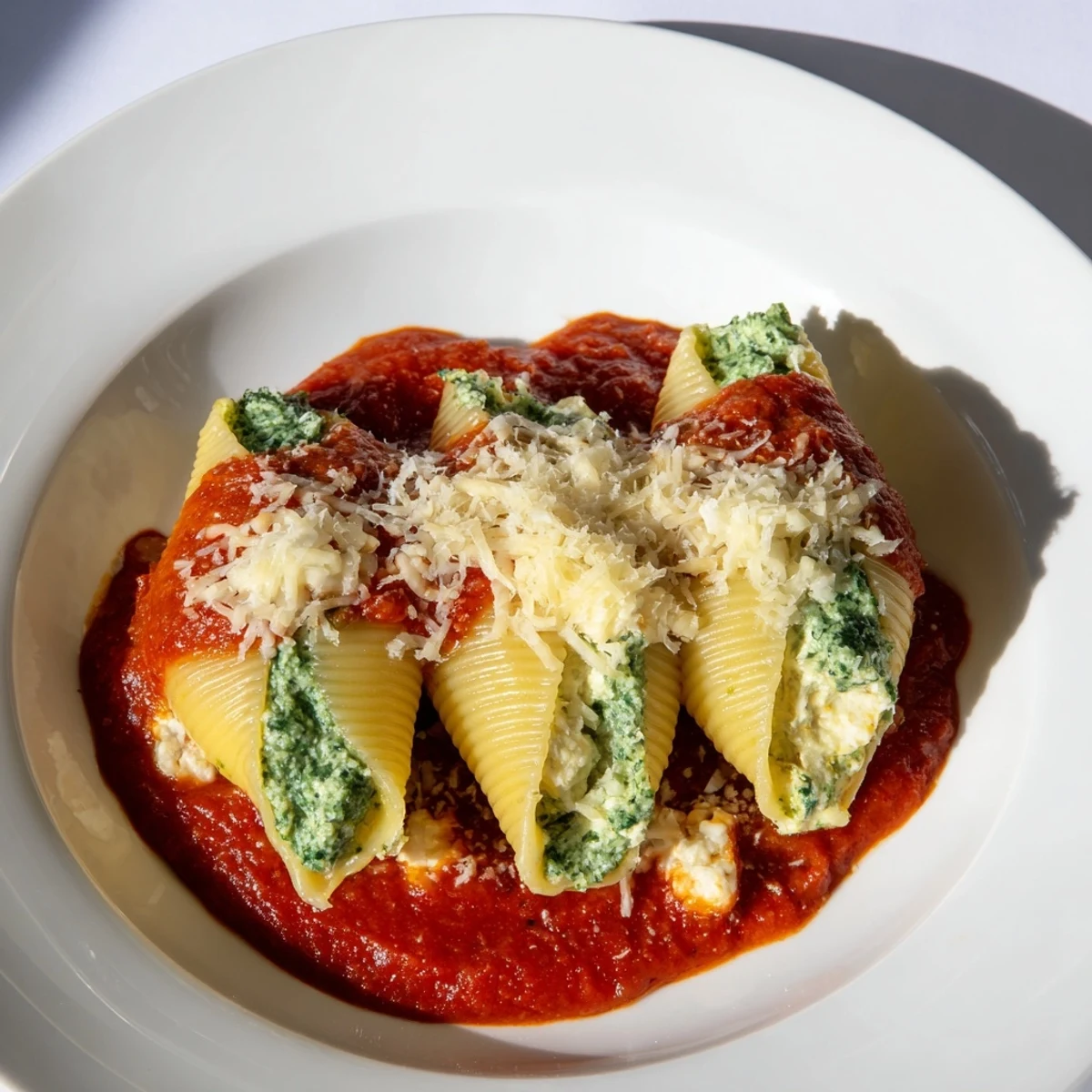 Golden cheesy crust on pesto and ricotta stuffed shells; perfect vegetarian entree with fresh basil.