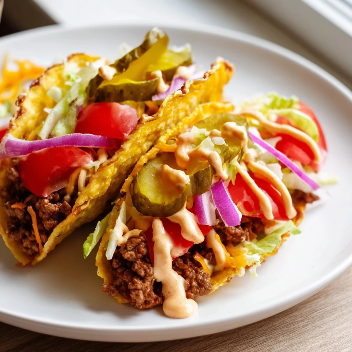 Golden-brown cheeseburger tacos overflowing with seasoned beef, melted cheese, and fresh toppings, ready to eat!