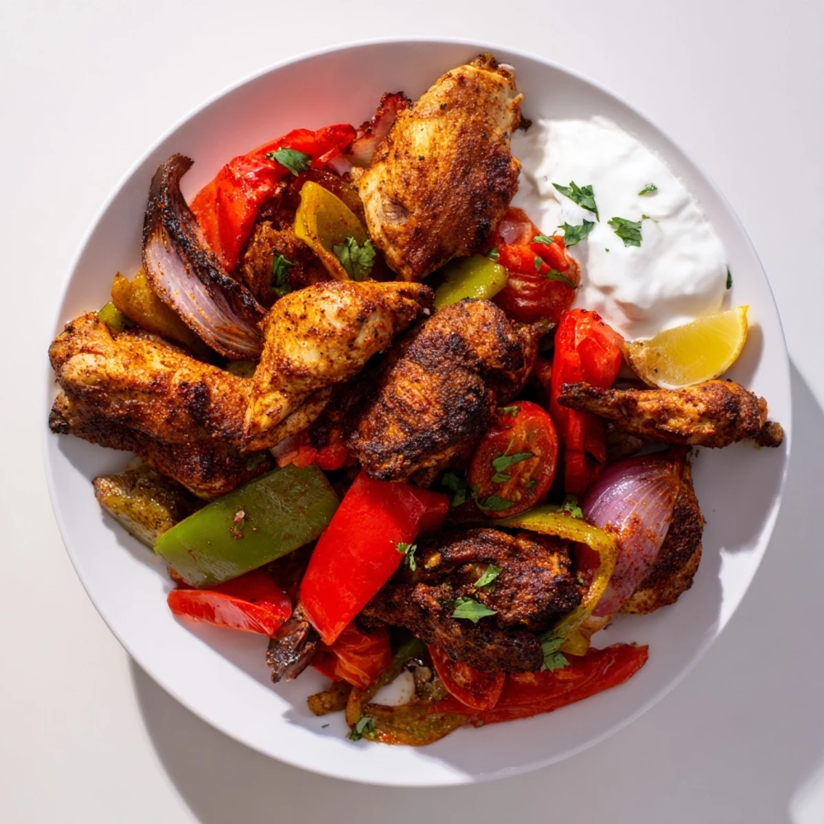 Golden-brown sheet pan chicken shawarma, sizzling, served with colorful roasted vegetables and pita bread.