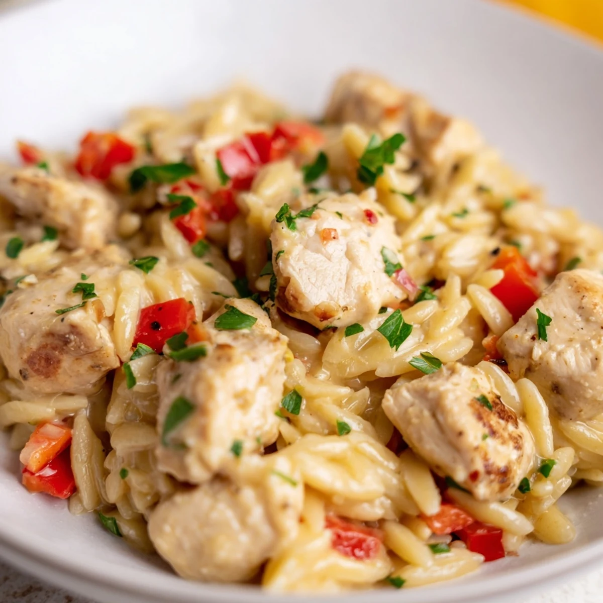One-Pot Cajun Chicken Alfredo Orzo, a creamy, flavorful dish; the pasta and chicken blend deliciously.