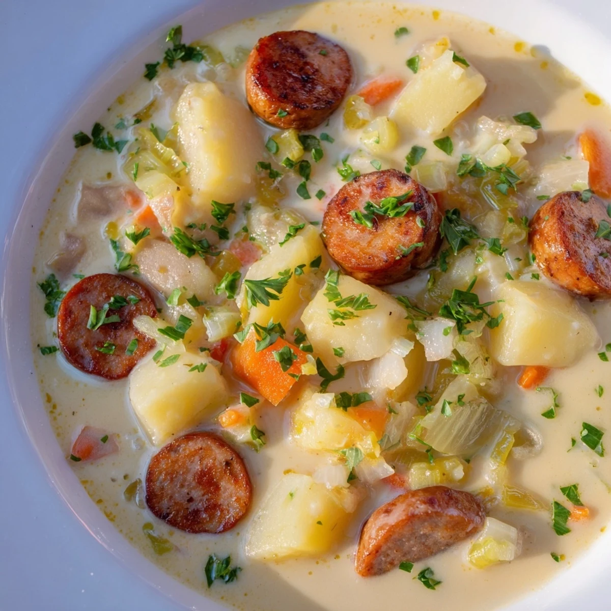 A steaming bowl of Creamy Chorizo Potato Soup, garnished with fresh parsley and ready to eat.
