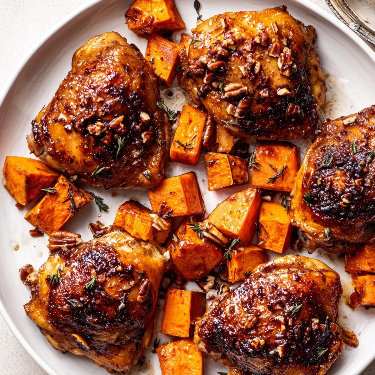 A close-up of baked maple glazed chicken thighs and sweetly roasted sweet potatoes, ready to be enjoyed.