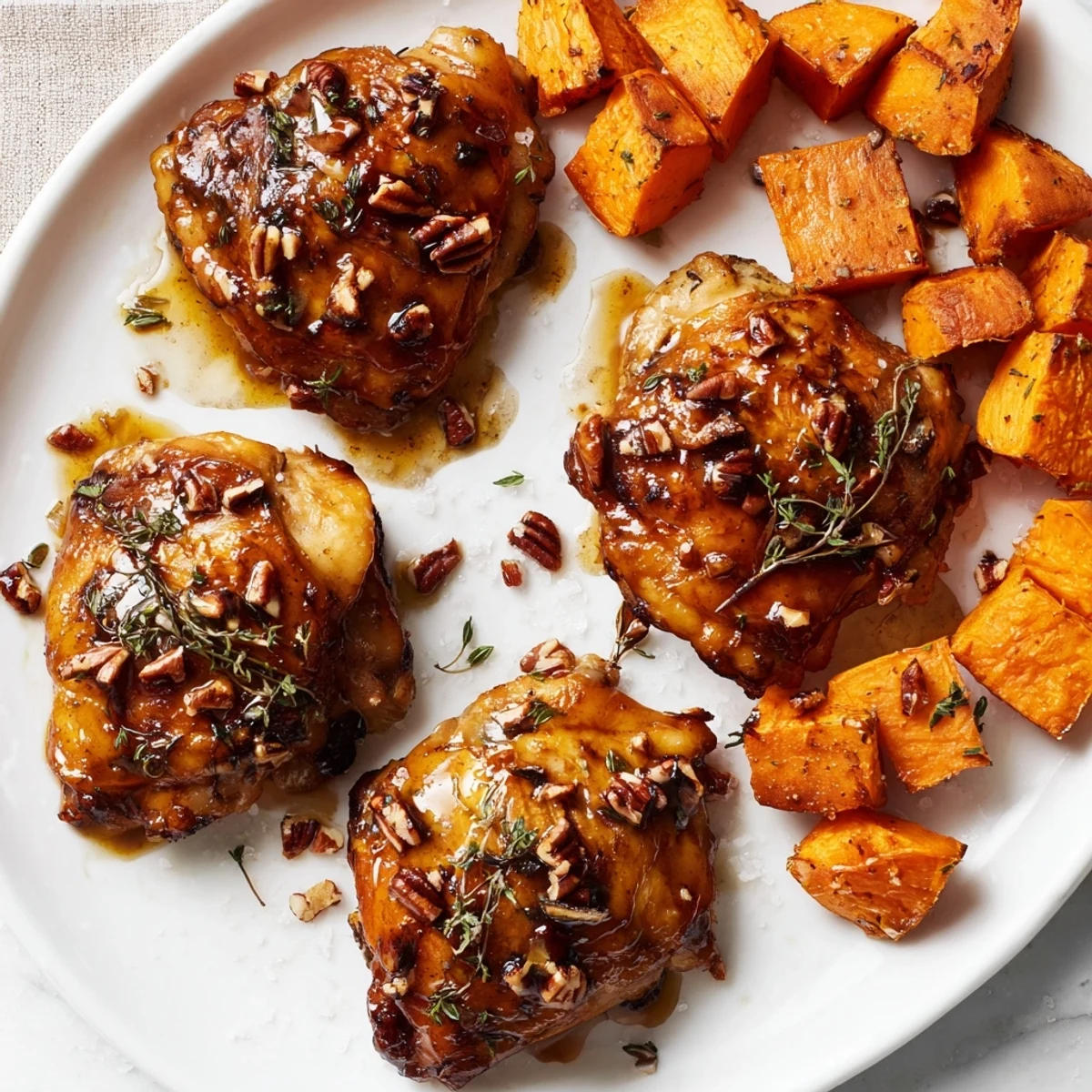 One-pan, easy maple glazed chicken and sweet potatoes: a flavorful, gluten-free American comfort food dinner.