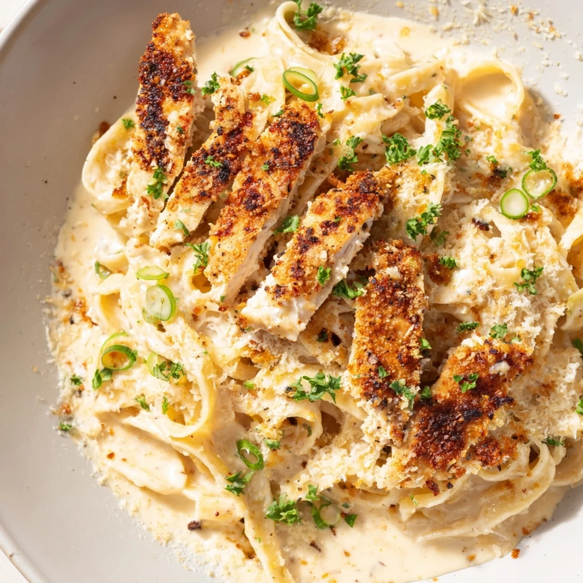 A forkful of tender Southern Style Creamy Parmesan Chicken Pasta showcasing perfectly cooked pasta and flavorful sauce.