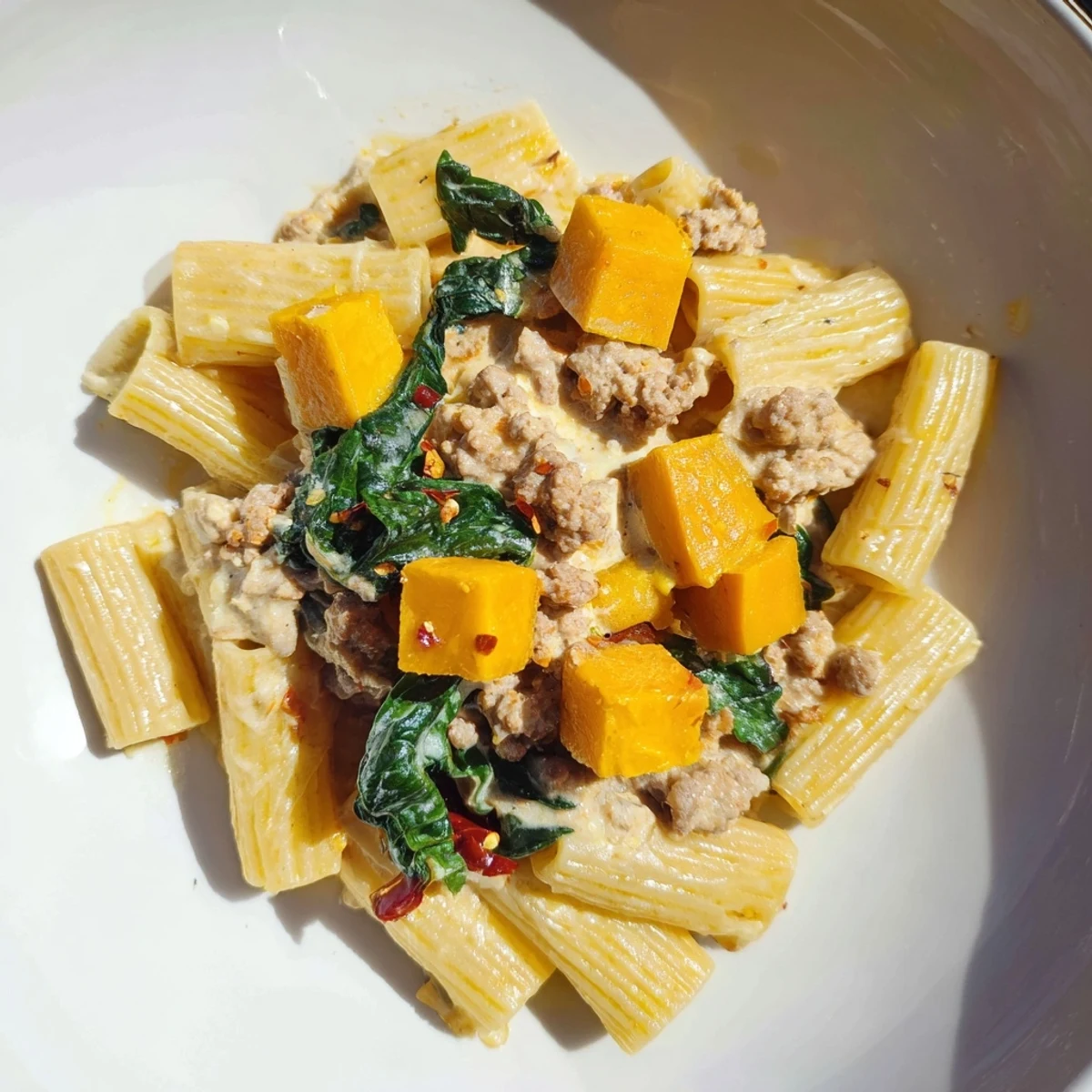 A flavorful bowl of Creamy Rigatoni with Butternut Squash, showcasing the sausage and creamy sauce.