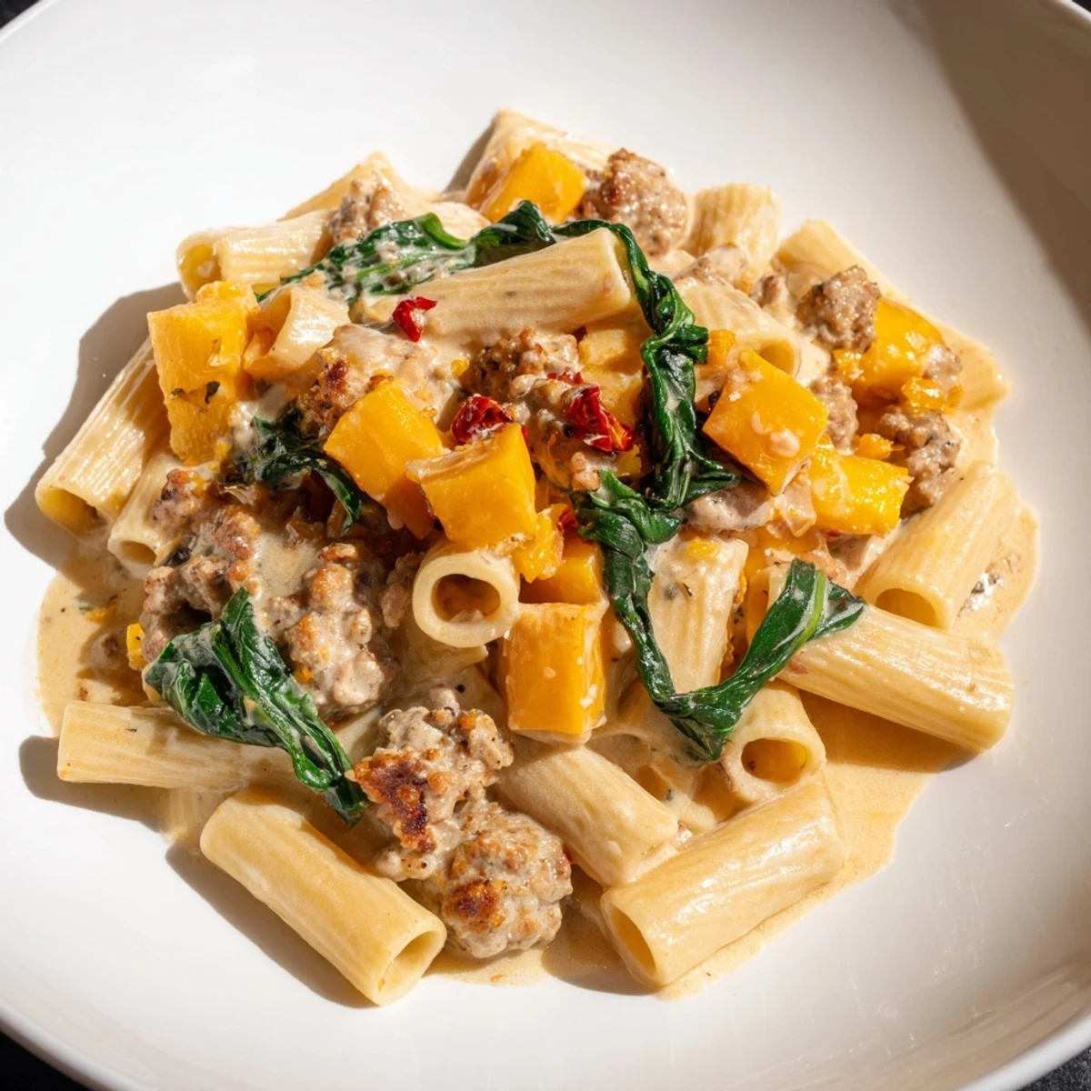 Close-up of the delicious Creamy Rigatoni with Butternut Squash, garnished with extra Parmesan cheese.