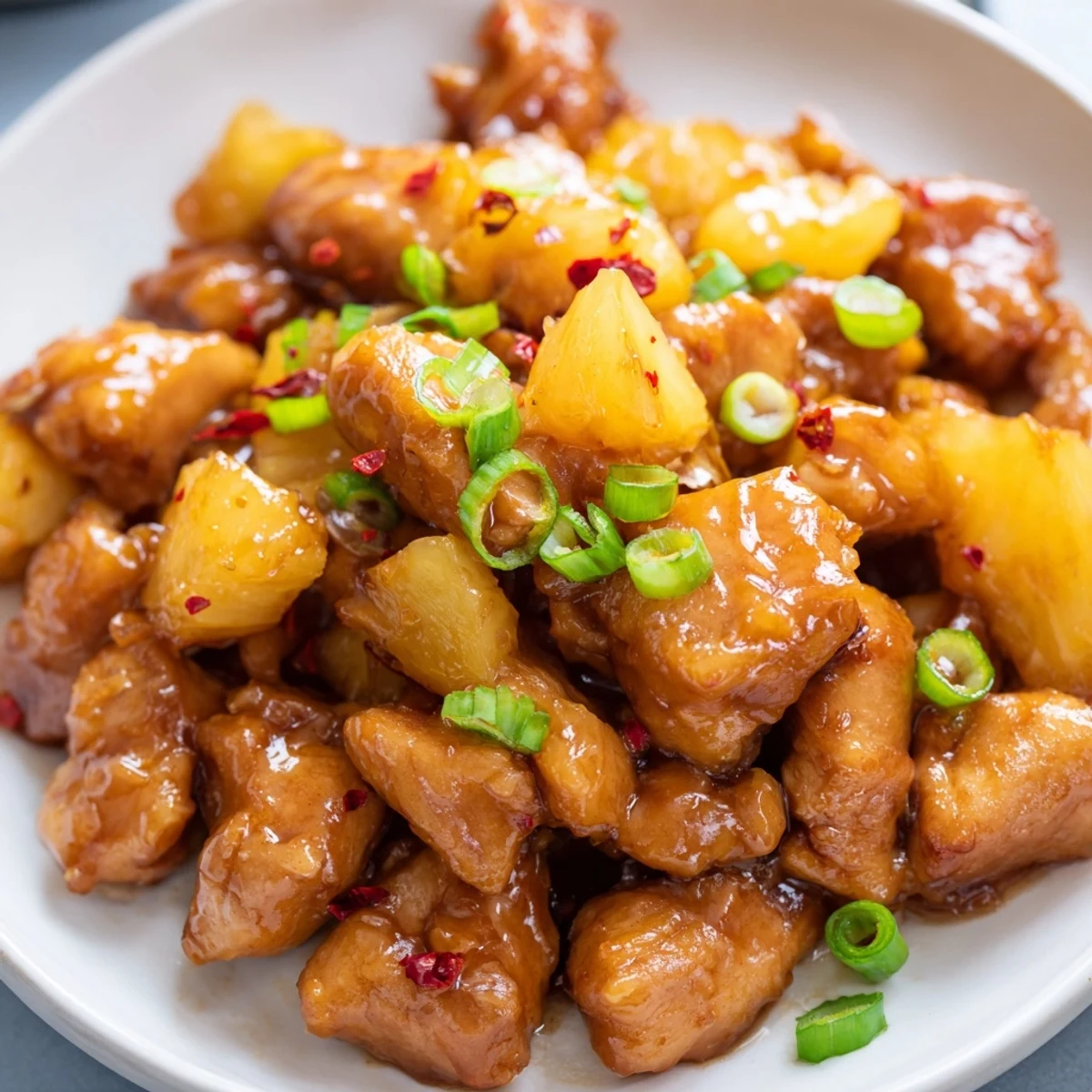 Golden-brown Brown Sugar Pineapple Chicken, glistening with a sweet glaze, ready to serve over rice.