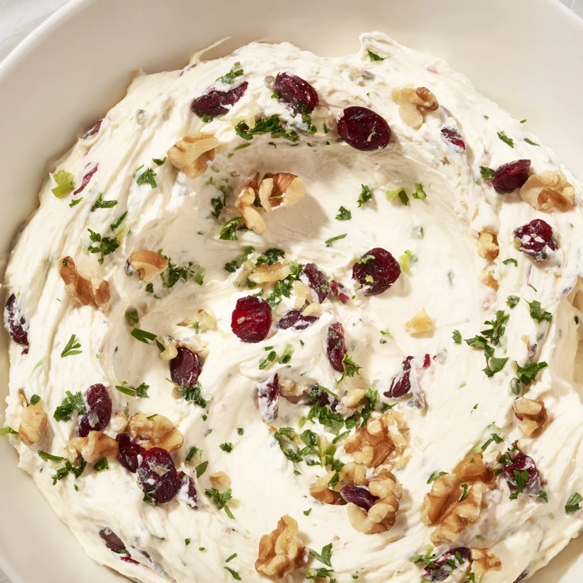 Creamy Lightened Holiday Cream Cheese Dip, studded with cranberries, ready for dipping on crackers.