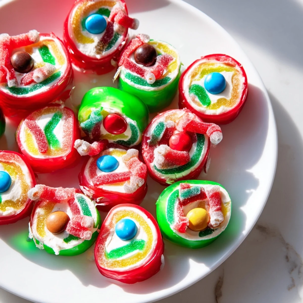 Vibrantly-colored Easy Christmas Fruit Rollup Sushi sliced, brimming with marshmallows and gummy worms, ready to eat!