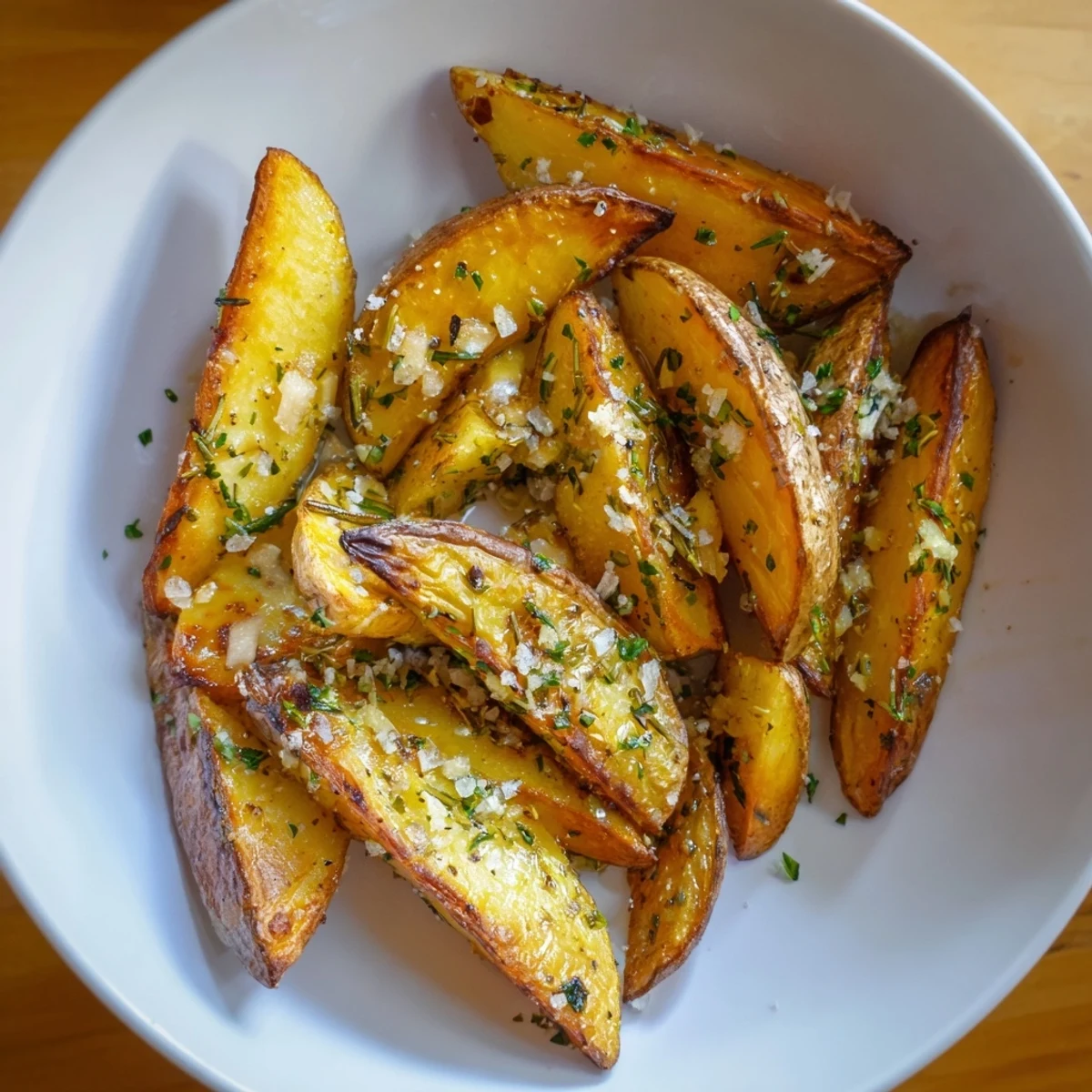 Crispy Quick Rosemary Roast Potato Wedges, golden brown and seasoned with fragrant rosemary and garlic.
