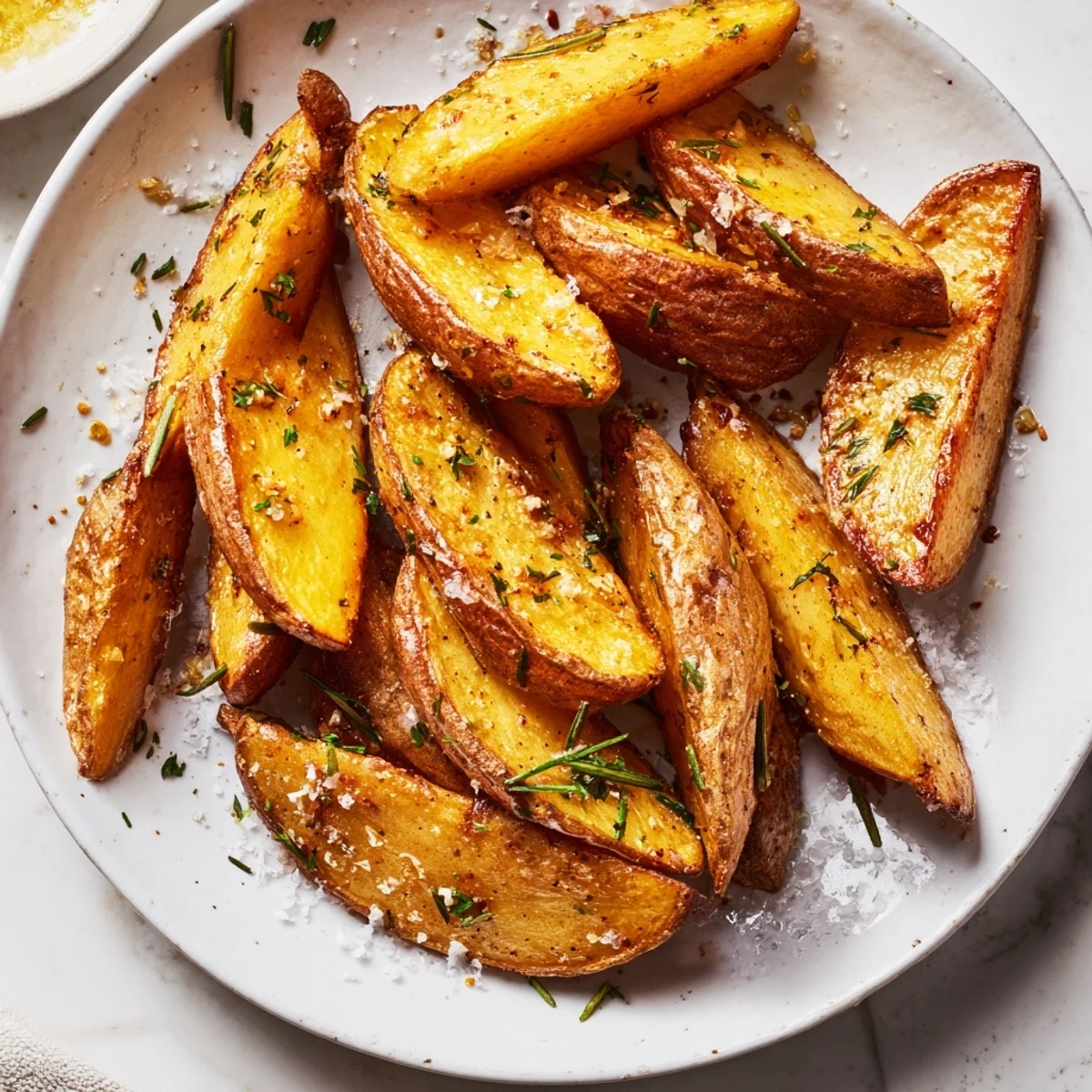 A close-up of piping hot Quick Rosemary Roast Potato Wedges, ready to be served as a side dish.