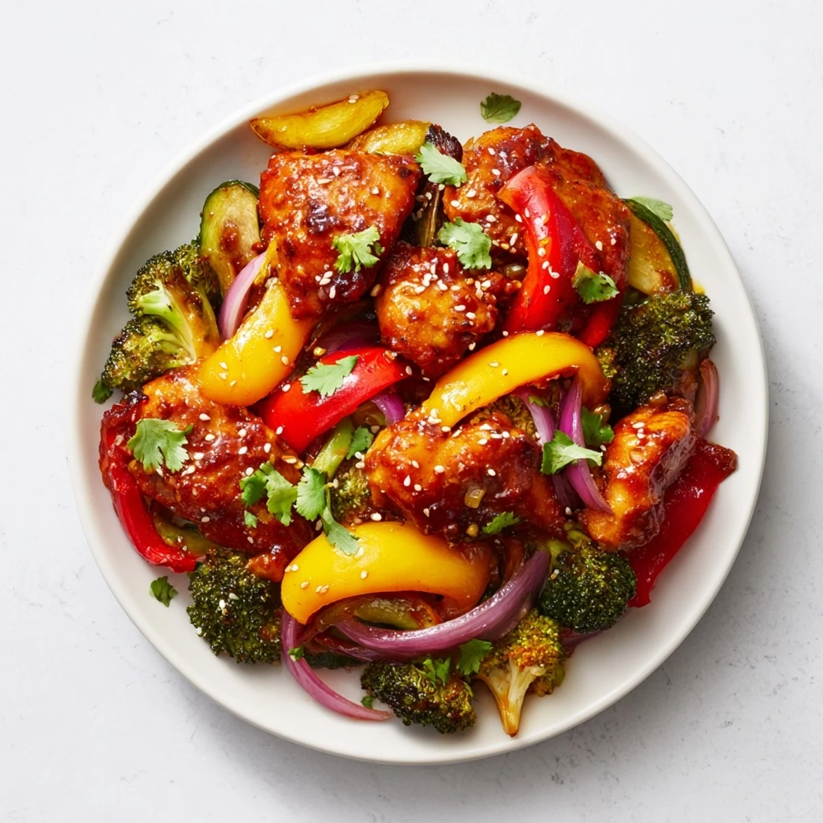 Vibrant Spicy Honey-Garlic Chicken Sheet Pan boasts juicy chicken and colorful, tender-crisp roasted veggies on a sheet.