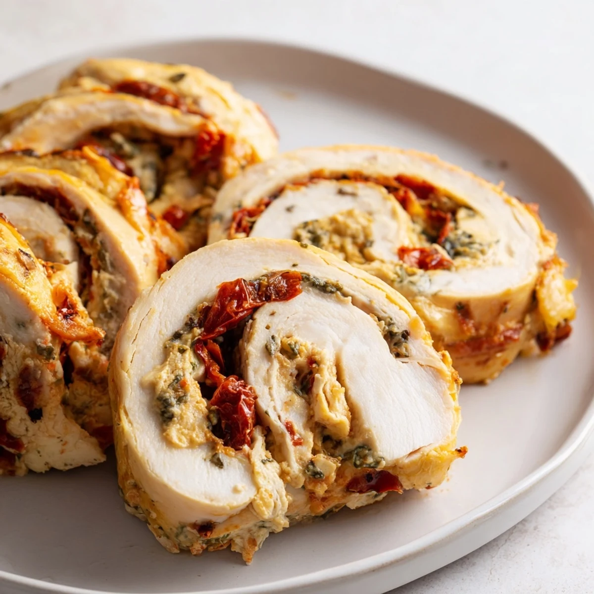 Close-up of savory Marry Me Chicken and Stuffing Roulades, stuffed chicken breasts with golden-brown crust.