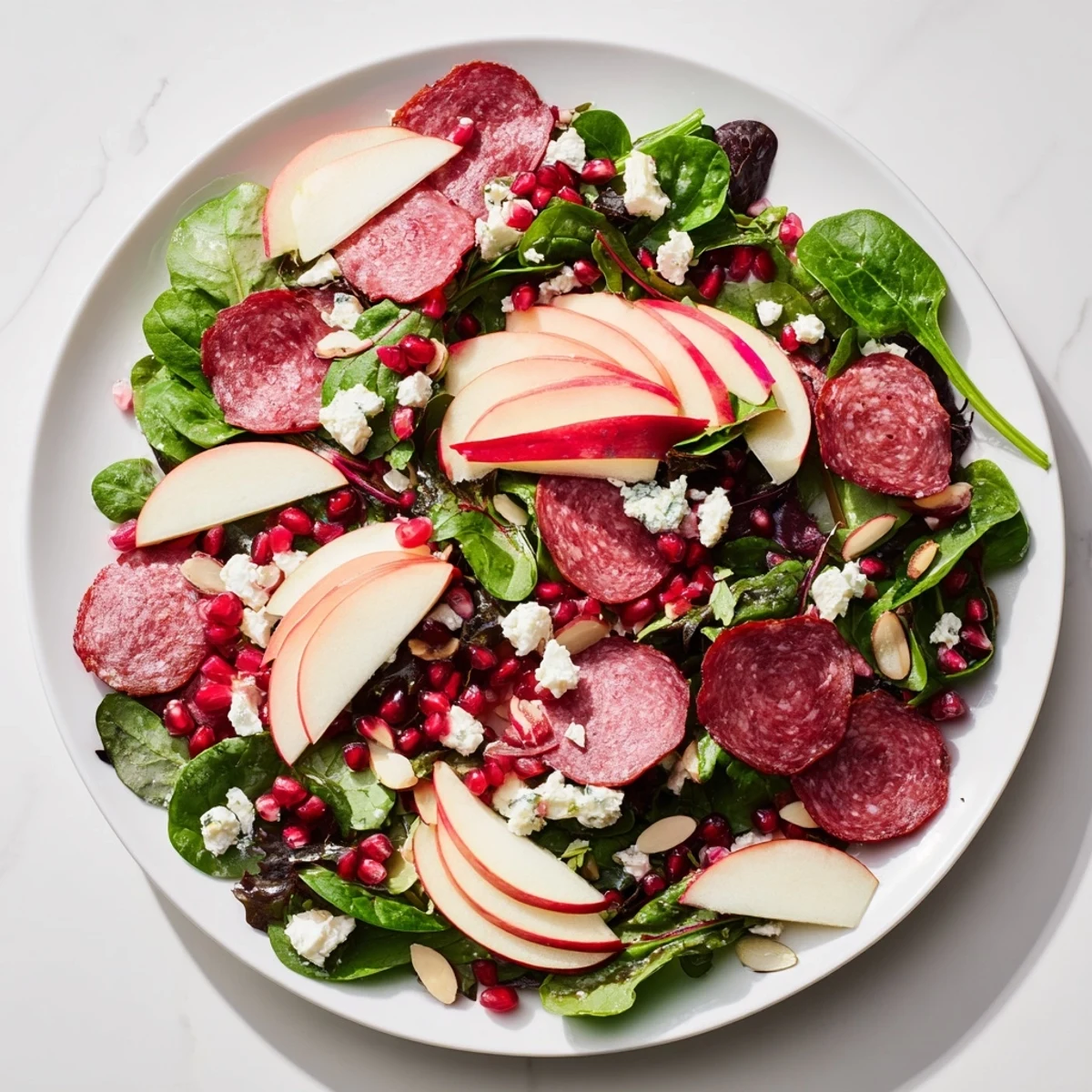Freshly tossed Hot Girl Christmas Salad, a festive dish with salami, that's perfect for holiday parties.