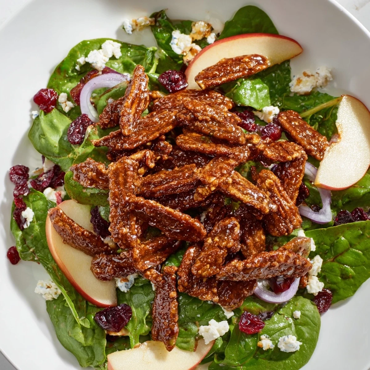 Fresh, vibrant Gingerbread Spiced Candied Pecan Salad, showcasing crunchy pecans and colorful greens in a bowl.
