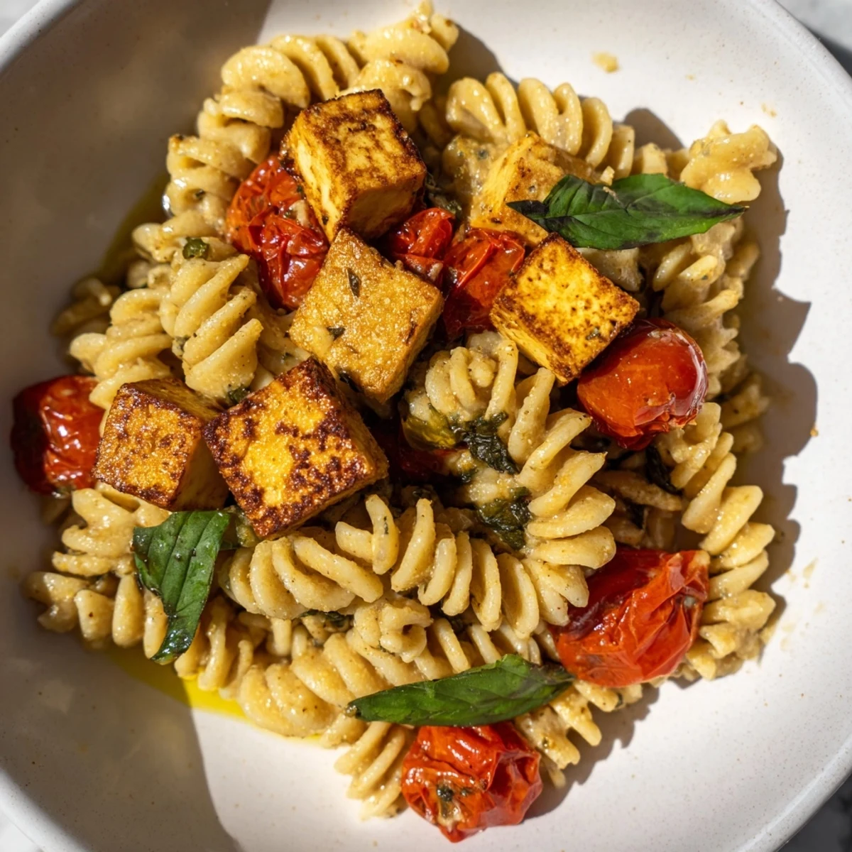 Golden-baked Vegan Baked Tofu Feta Pasta, bursting with roasted tomatoes and creamy sauce, ready to serve.