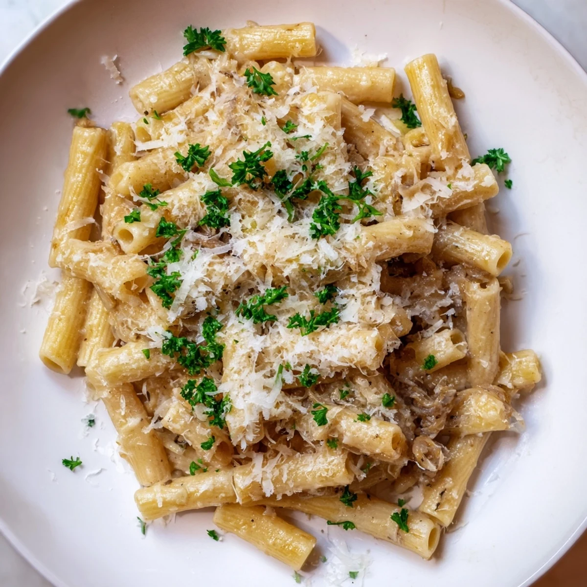 Golden ditalini pasta coated in a creamy sauce, loaded with caramelized onions, for Creamy French Onion Ditalini.