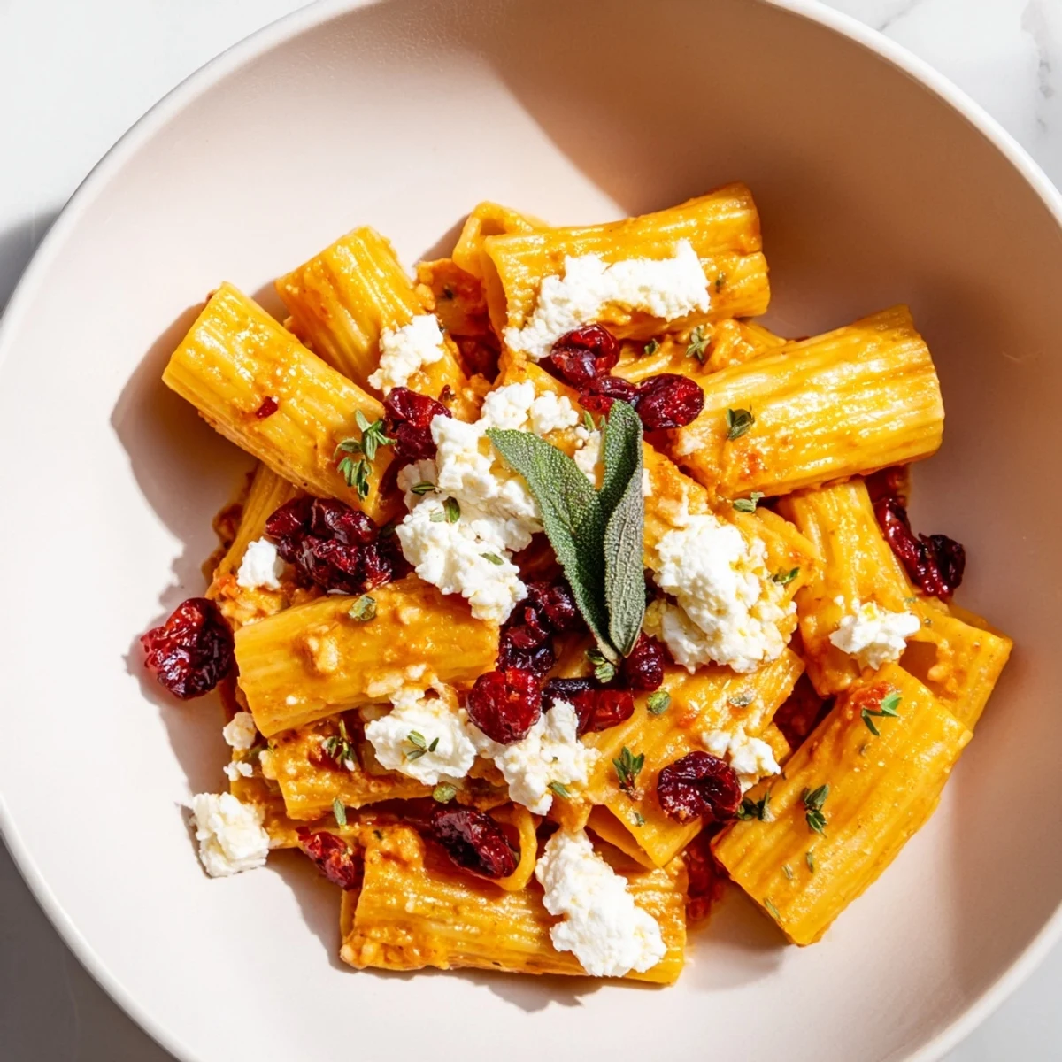 Golden, bubbly Cranberry-Sage Feta Pasta Bake, a savory explosion with tart cranberries and creamy feta.