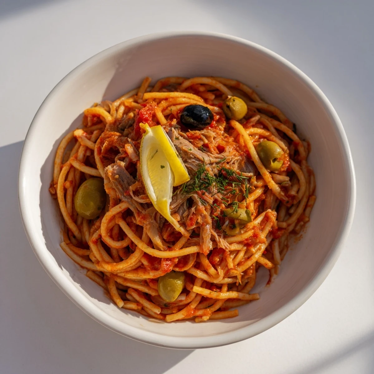 Close-up of bright red puttanesca ditalini, generously coated in olives and capers, ready to be enjoyed.