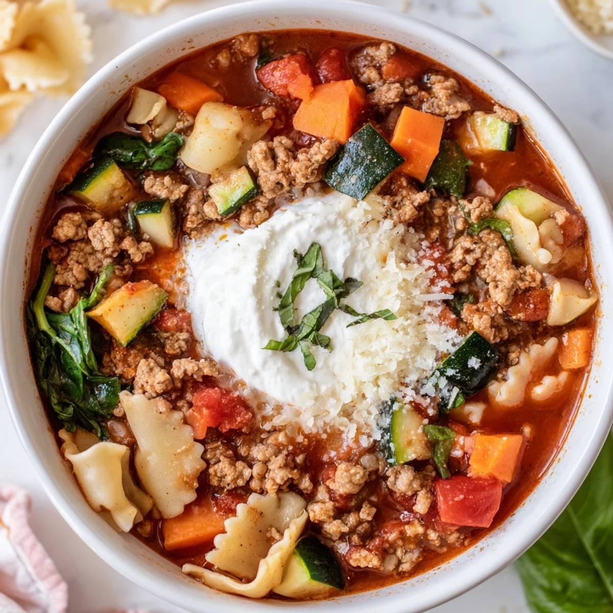 Hearty Healthy Lasagna Soup with a rich tomato broth, savory turkey, and cheesy topping.
