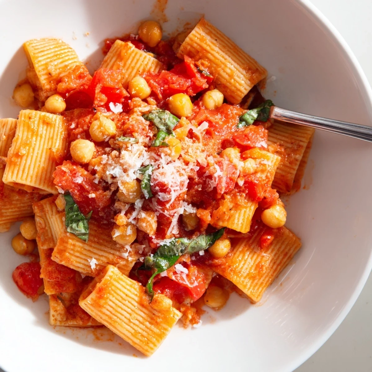 A bowl of Spicy Arrabbiata Roasted Chickpea Crunch Pasta, topped with Parmesan and fresh basil.