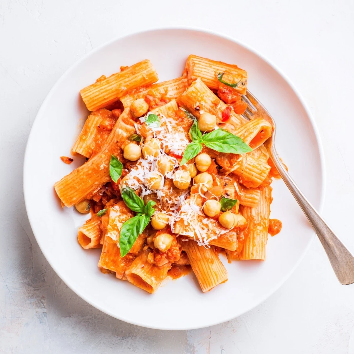 Golden, crispy chickpeas crown flavorful Spicy Arrabbiata Roasted Chickpea Crunch Pasta, a delicious vegetarian meal.