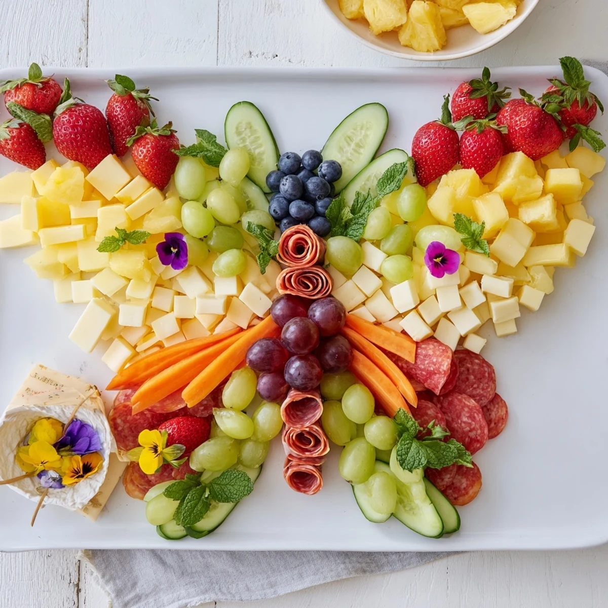 Butterfly Summer Board overflowing with colorful fruits, cheeses, and charcuterie, ready for a picnic.
