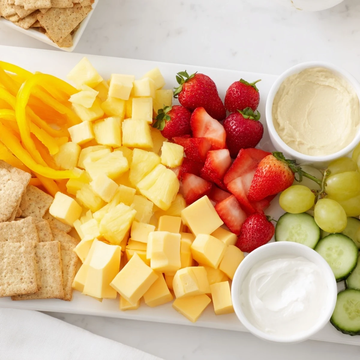 A close-up of a refreshing Sunshine Snack Tray, showing an array of fresh, tasty, healthy bites.