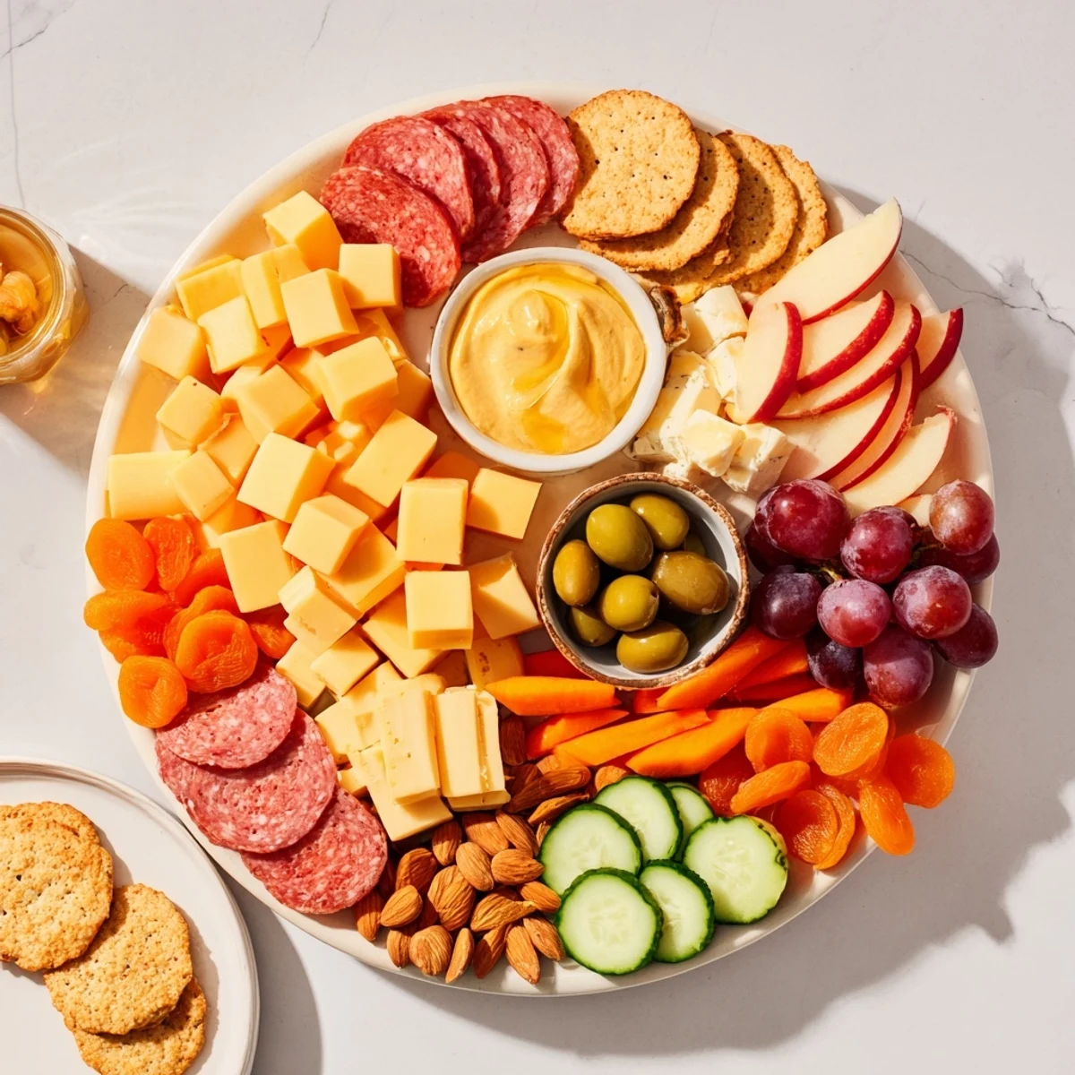 Vibrant picnic basket snack board with cheese, crackers, and fresh fruit ready for a delicious outing.