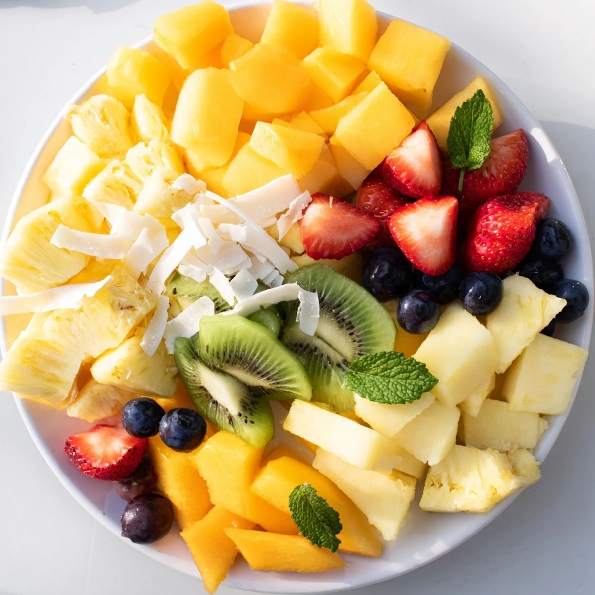 Beautifully arranged Tropical Pineapple Platter featuring ripe mango, kiwi, and watermelon for a refreshing treat.