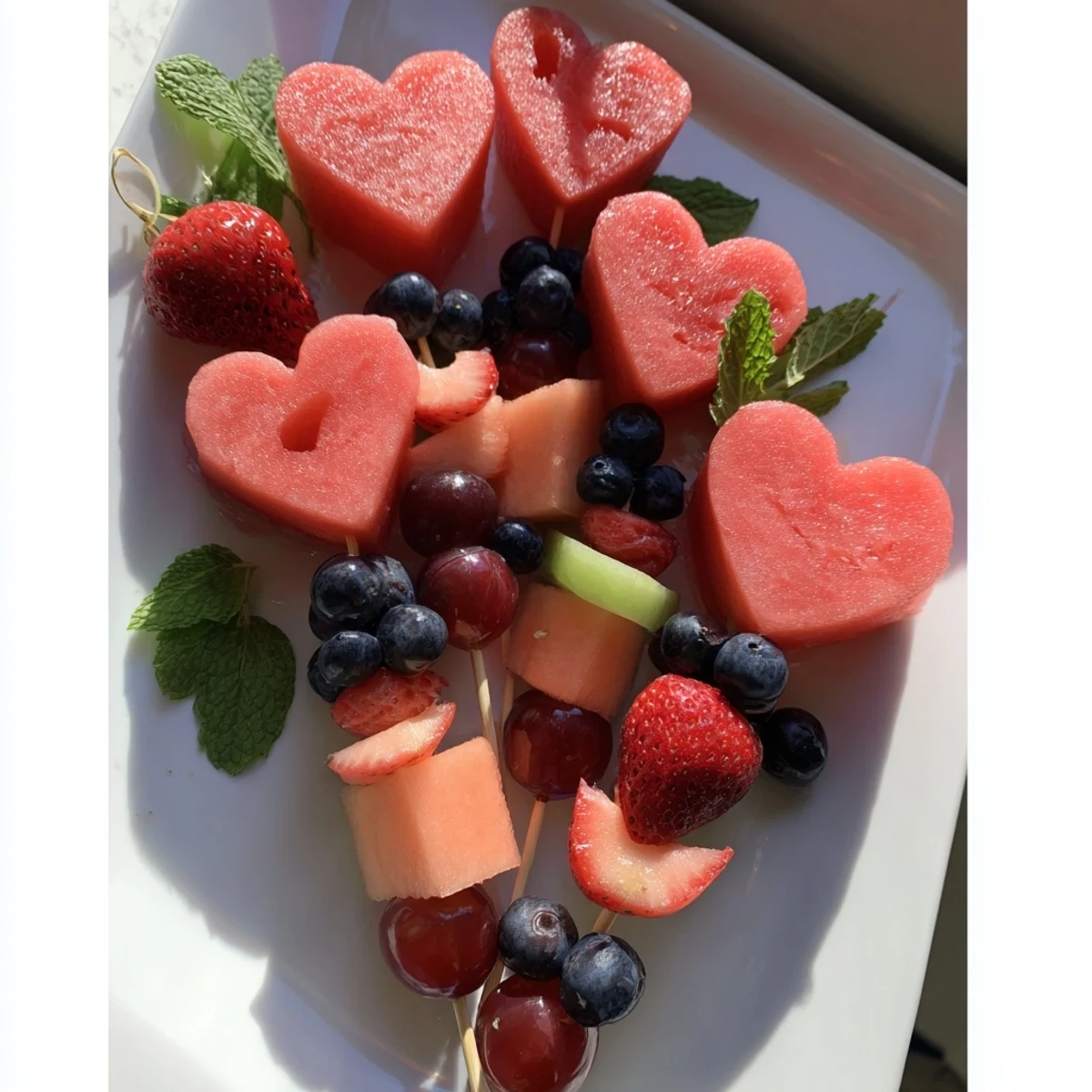 Vibrant Berry Good Heart Fruit Skewers offer a refreshing, healthy treat with juicy melon hearts and mixed berries.
