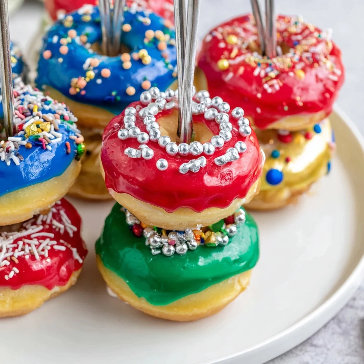 A festive Donut Stack Christmas Ornament Tower, colorful and dazzling, ready to be enjoyed.