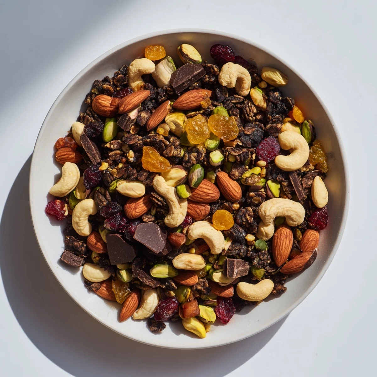 A close-up of vibrant Mountain High Adventure Snack Mix with a mix of nuts and fruit.