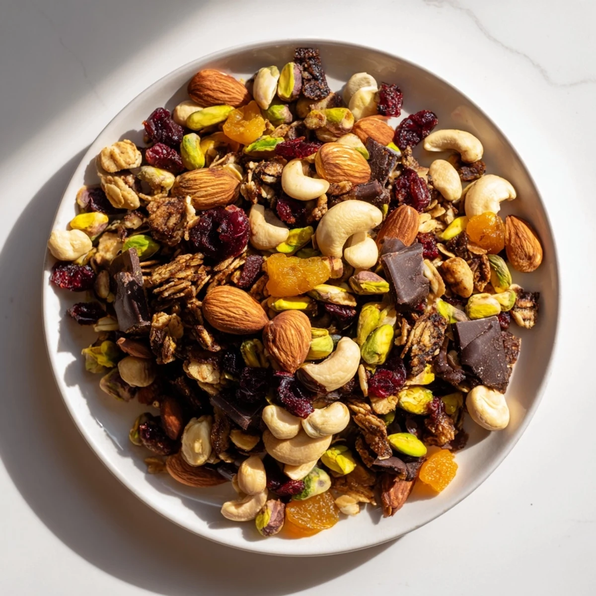 Golden raisins and chocolate chunks in a bowl of Mountain High Adventure Snack Mix, ready to eat.