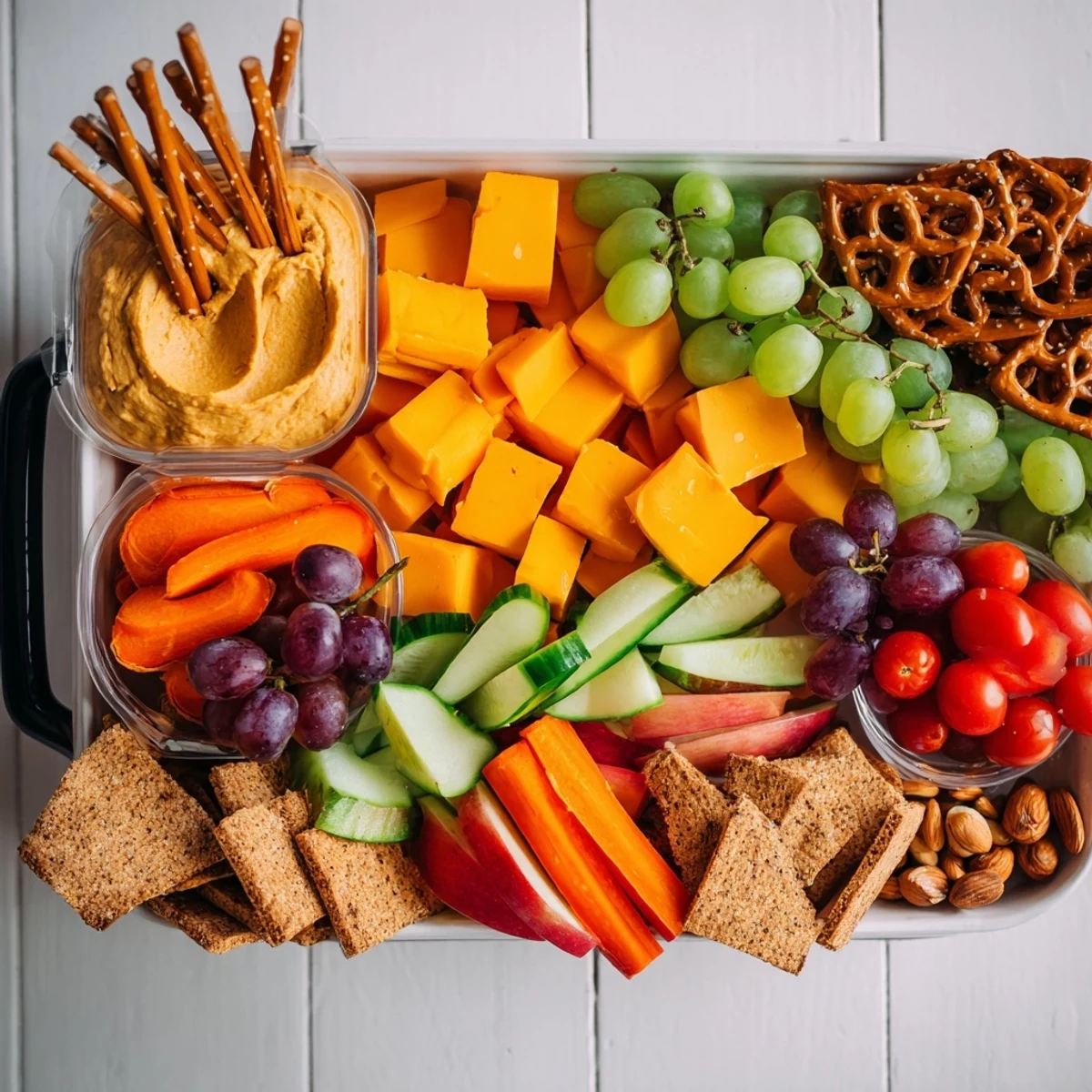 Road trip snack platter overflowing with colorful fruits, veggies, cheese and savory crackers, ready to eat.