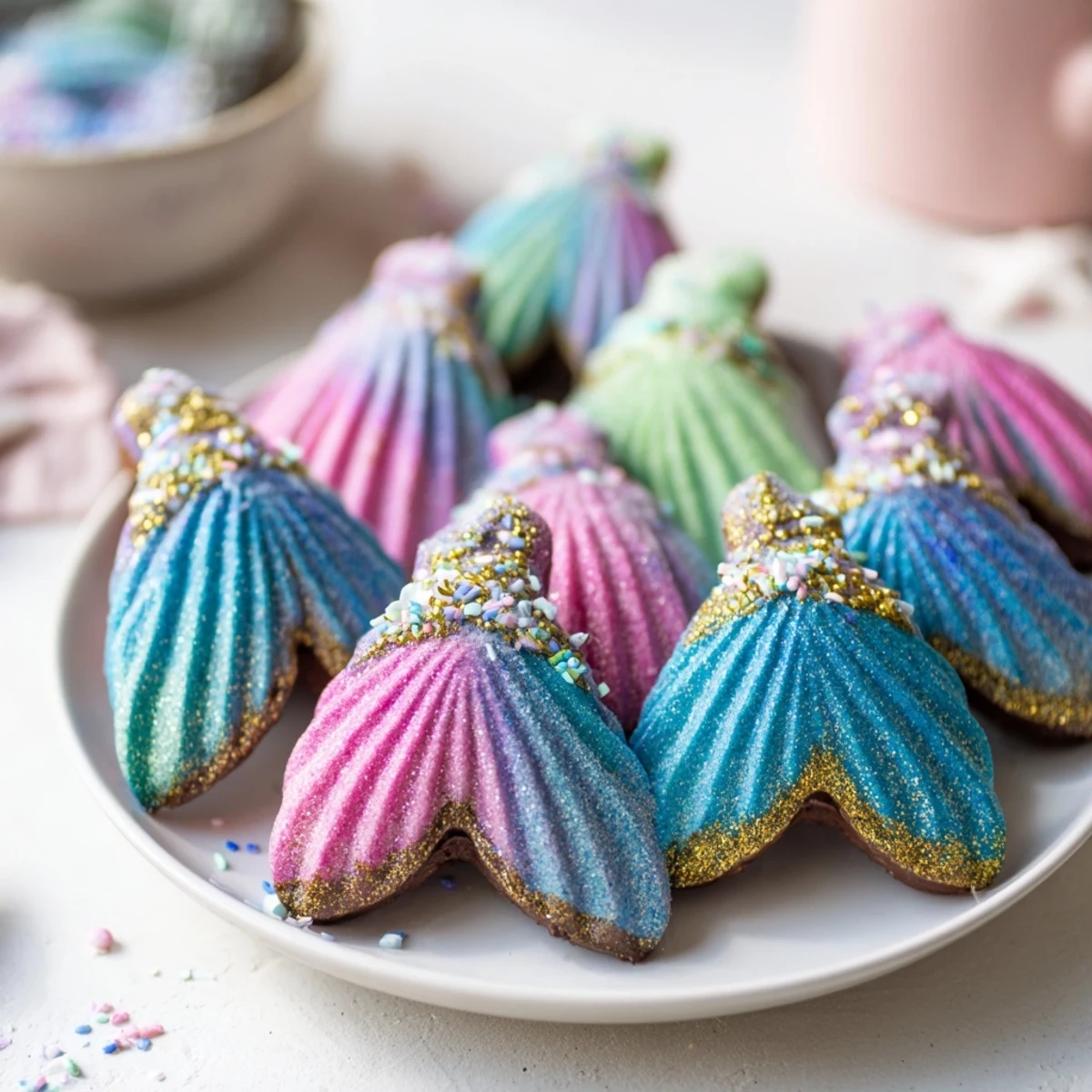 Golden, shimmering Mignardises Queue de Sirène, mermaid tail-shaped, with white chocolate and colorful sprinkles.