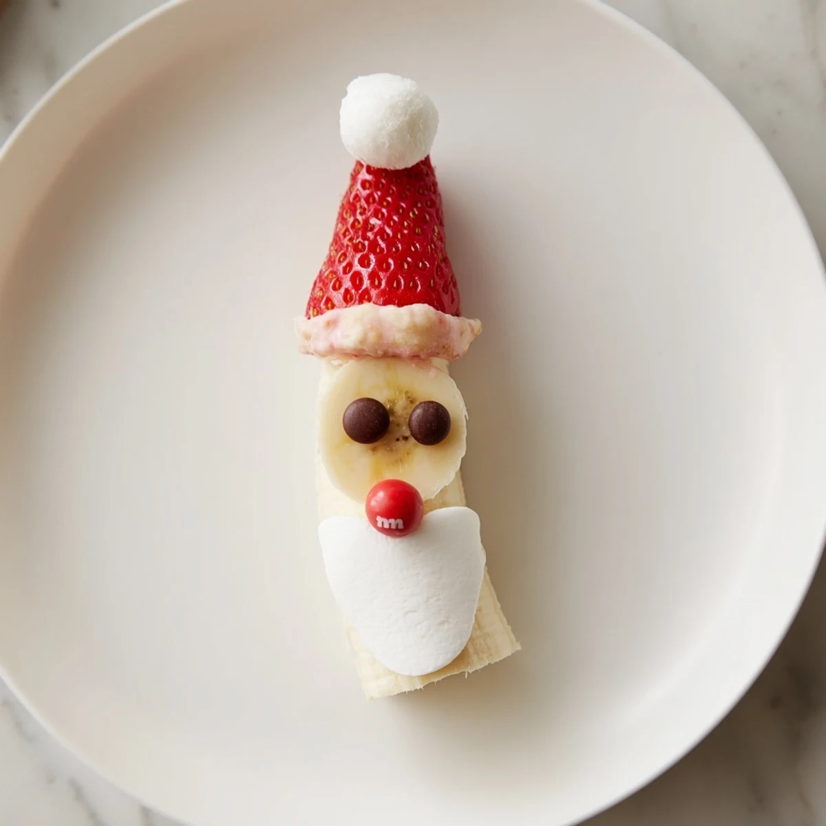 Fresh Banana Santa Snack Sticks skewer, with a cheerful strawberry hat and marshmallow beard for festive snacks.