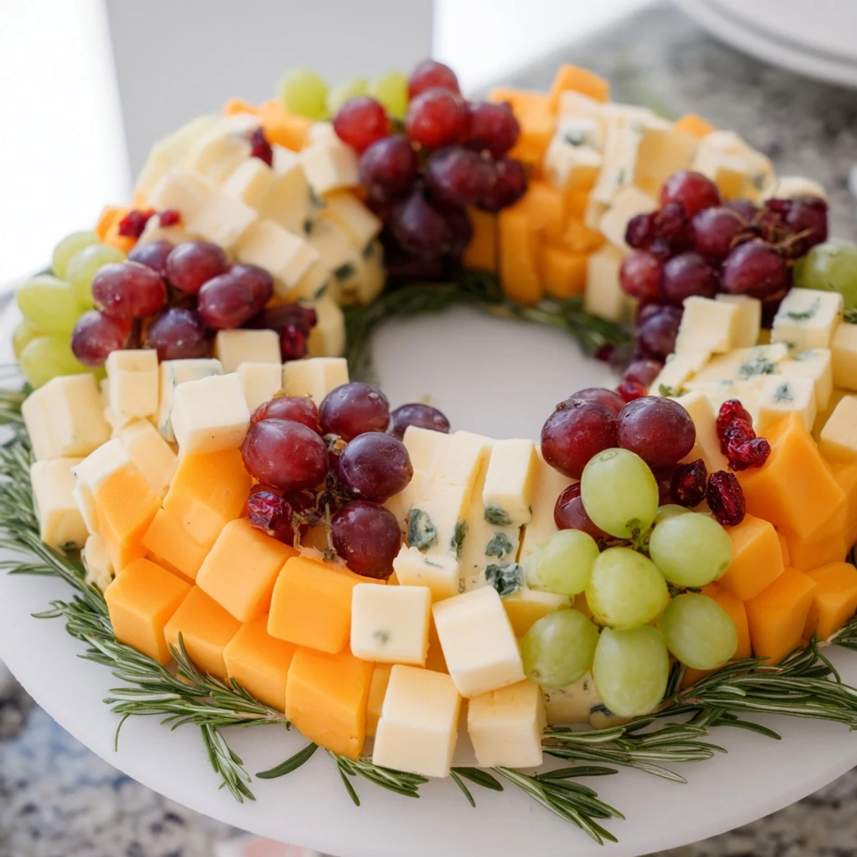 Delicious Holiday Wreath Cheese Ring appetizer: a medley of cheeses, olives, and nuts, perfect for holidays.