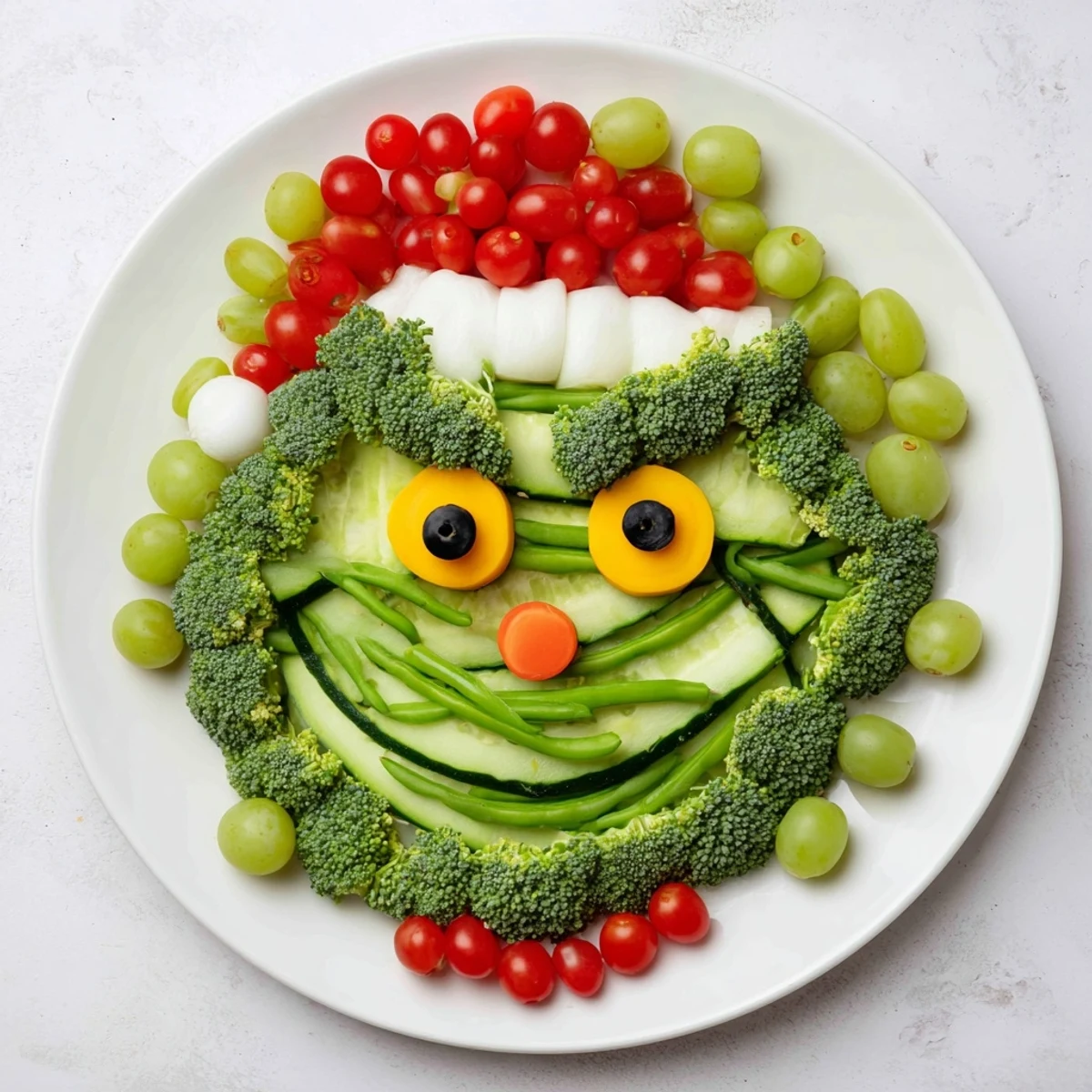 Savory Crudités Grinch Face Veggie Platter: Bright green vegetables arranged as a whimsical holiday appetizer.